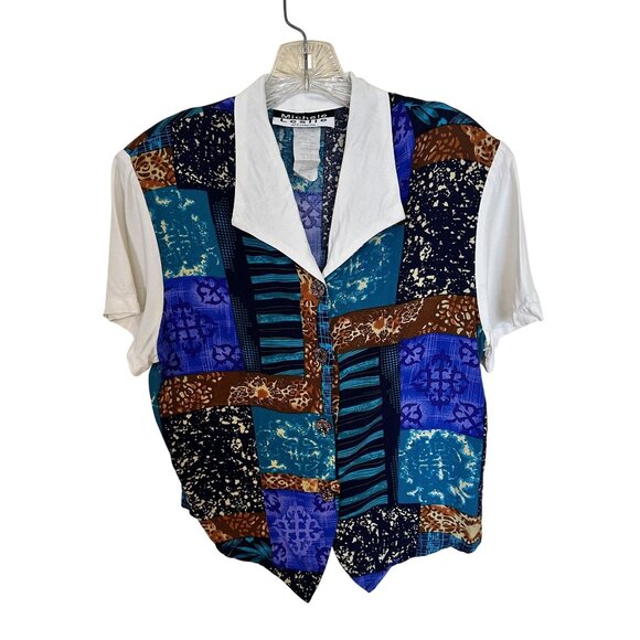 Vtg Womens Patchwork Top Michele Leslie Of California Button Up Blouse 90s - Picture 1 of 7